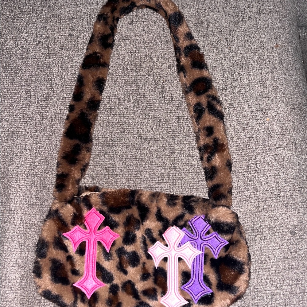 Leopard Print Faux Fur Shoulder Bag with Cross Accents